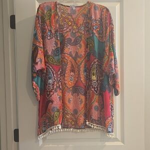 Vibrant Paisley Blouse with Pom-Pom Trim